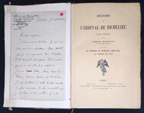 Histoire du cardinal de Richelieu et note écrite de Gabriel Hanotaux à sa femme