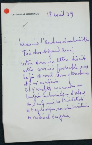 Lettre du général Gouraud 1939 p.1